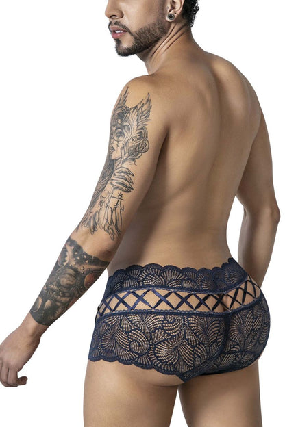 CandyMan 99916 lace trunks in navy blue featuring dark floral lace and a crisscross design