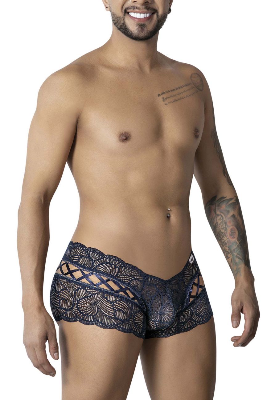 Dark blue candy man 99916 lace trunks with intricate floral patterns and sheer mesh design for men