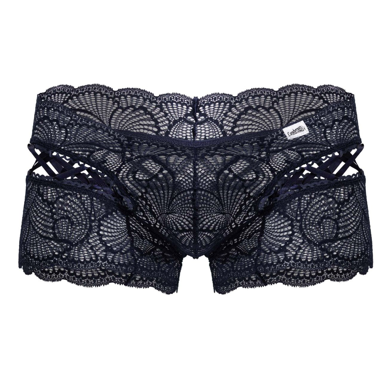 Navy candyMan 99916 lace trunks with intricate black floral patterns and scalloped edges front view underwear