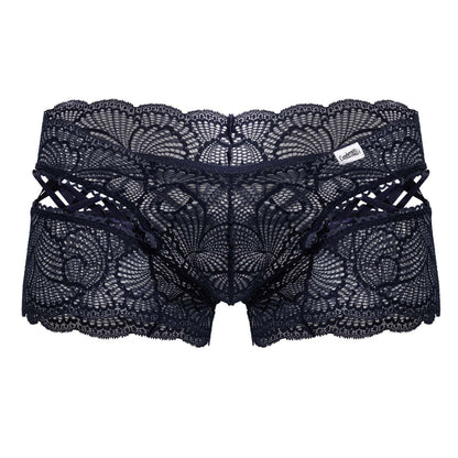 Navy candyMan 99916 lace trunks with intricate black floral patterns and scalloped edges front view underwear