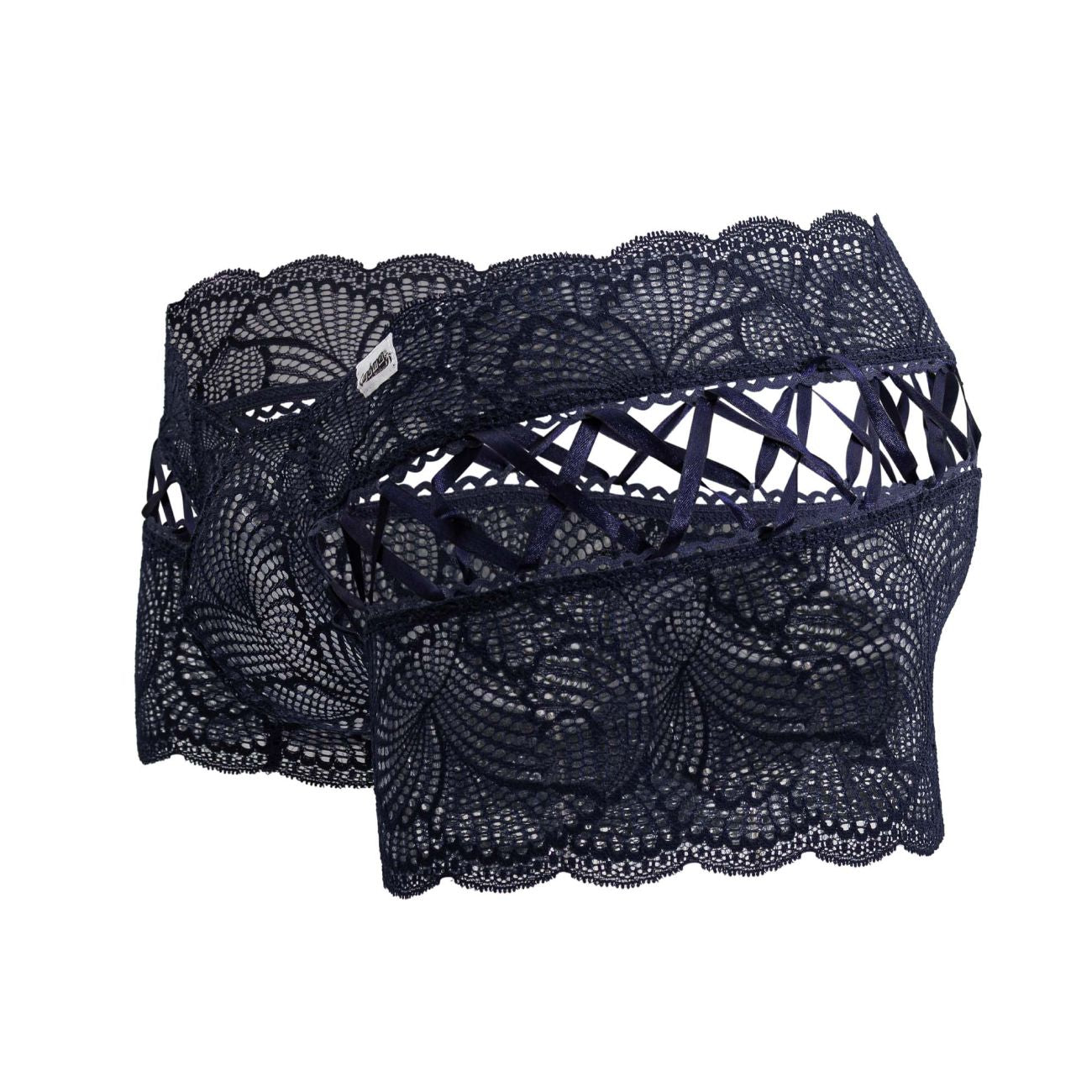 CandyMan 99916 lace trunks in dark navy with intricate floral lace patterns and scalloped edges for stylish comfort