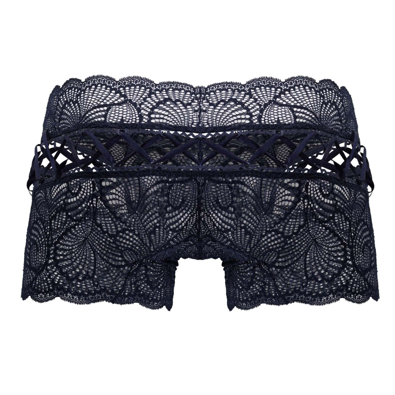 CandyMan 99916 navy lace trunks with intricate black floral patterns and scalloped edge for stylish underwear
