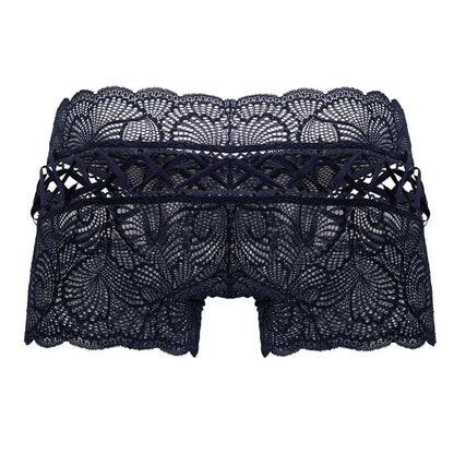 CandyMan 99916 navy lace trunks with intricate black floral patterns and scalloped edge for stylish underwear