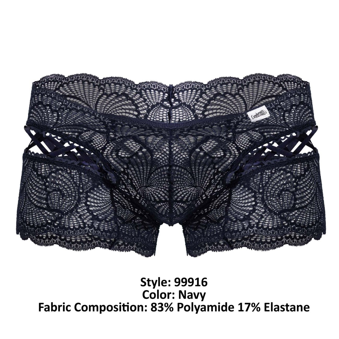 Navy lace briefs CandyMan 99916 featuring intricate fan-shaped patterns and scalloped edges