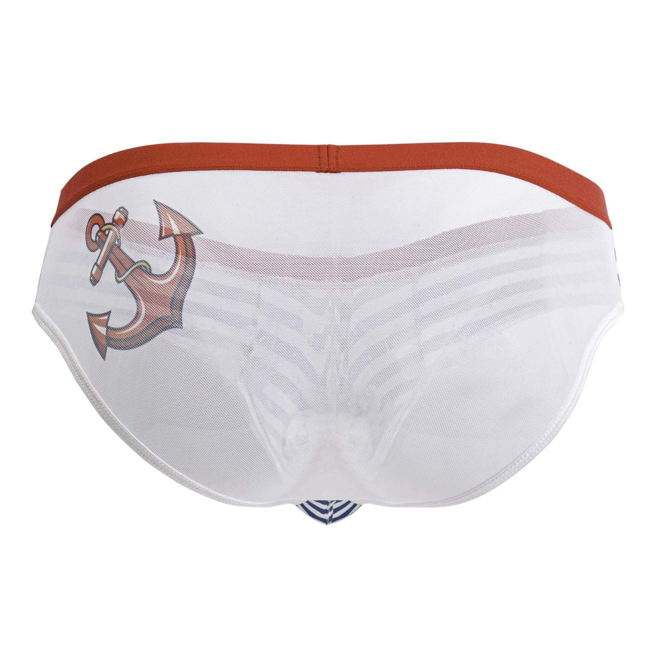 Candyman 99918 sailor briefs blue-white white mesh swim trunks with rust anchor graphic and orange waistband