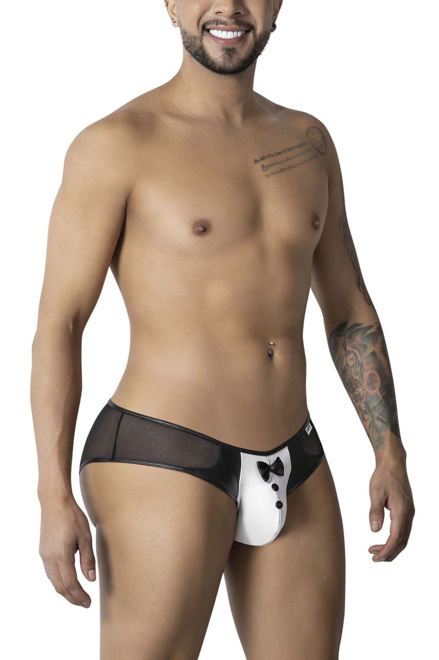 CandyMan 99919 tuxedo briefs in black and white feature a bow tie design on the front for stylish men’s underwear