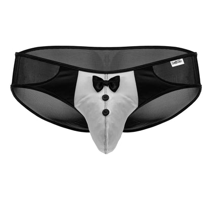 Candyman 99919 tuxedo briefs in black and silver with bow tie detail and three black buttons for men