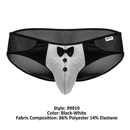 CandyMan 99919 tuxedo briefs in black and white with mesh waistband faux bow tie and button details