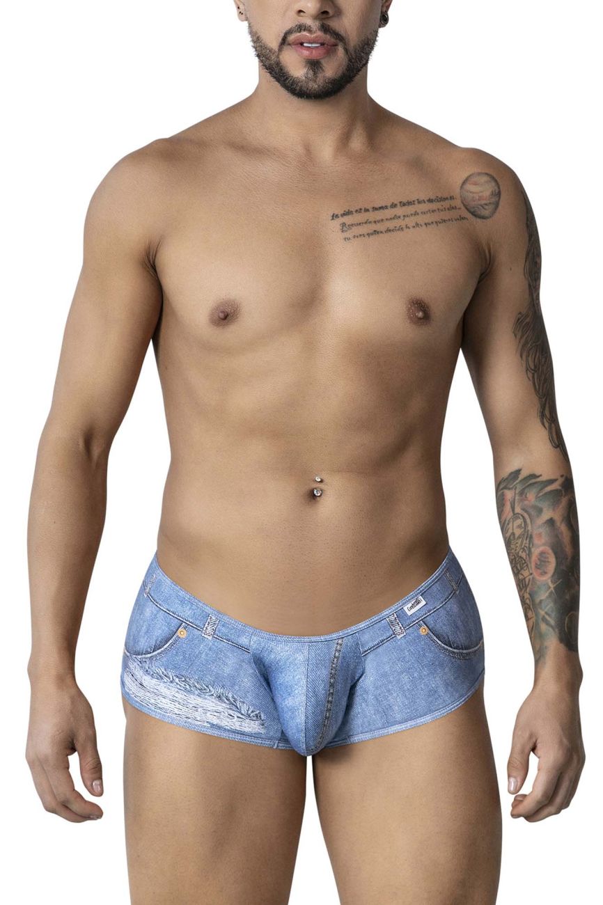 Light blue denim CandyMan 99921 cowboy trunks with distressed ripped design and visible stitching details