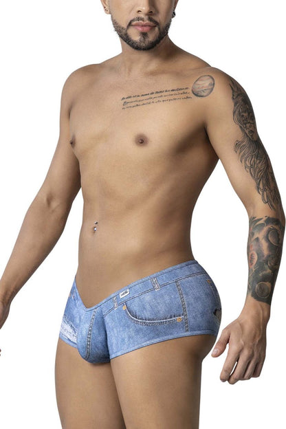 Blue denim style men’s briefs candyMan 99921 cowboy trunks with front pocket and stitching details
