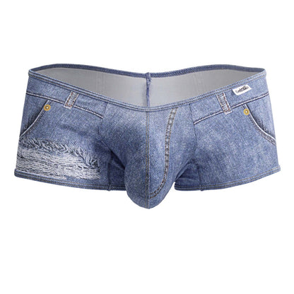 Blue denim-style men’s underwear candyMan 99921 cowboy trunks with distressed patch and gold-tone button details