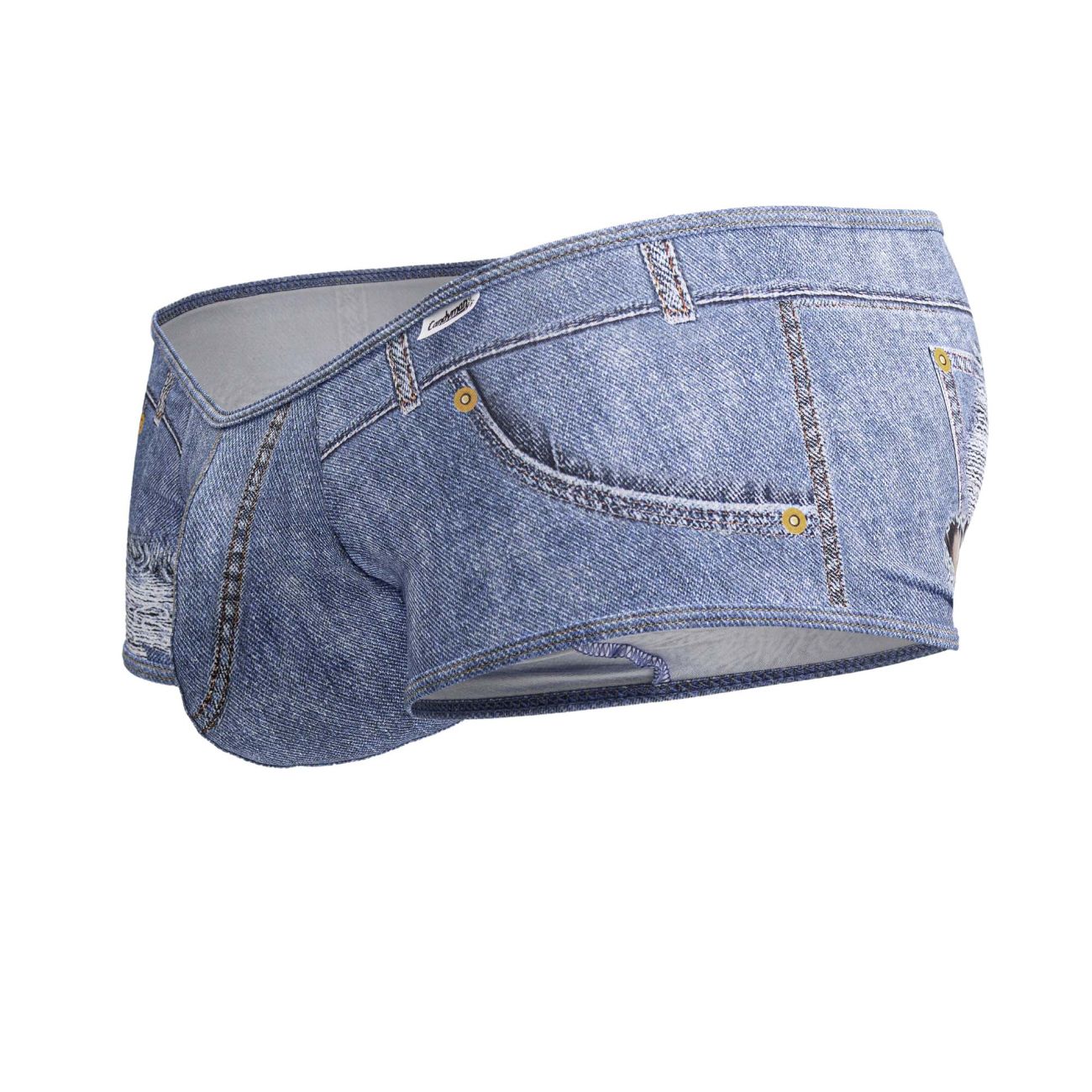 Blue denim cowboy trunks by CandyMan featuring realistic jeans design gold-tone buttons and stitched seams