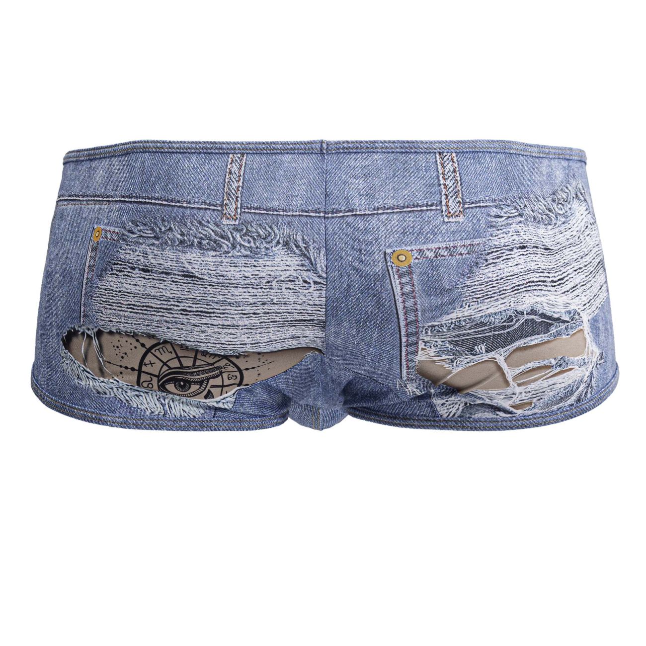 Blue denim candyMan 99921 cowboy trunks with distressed ripped fabric and visible eye design on inner lining