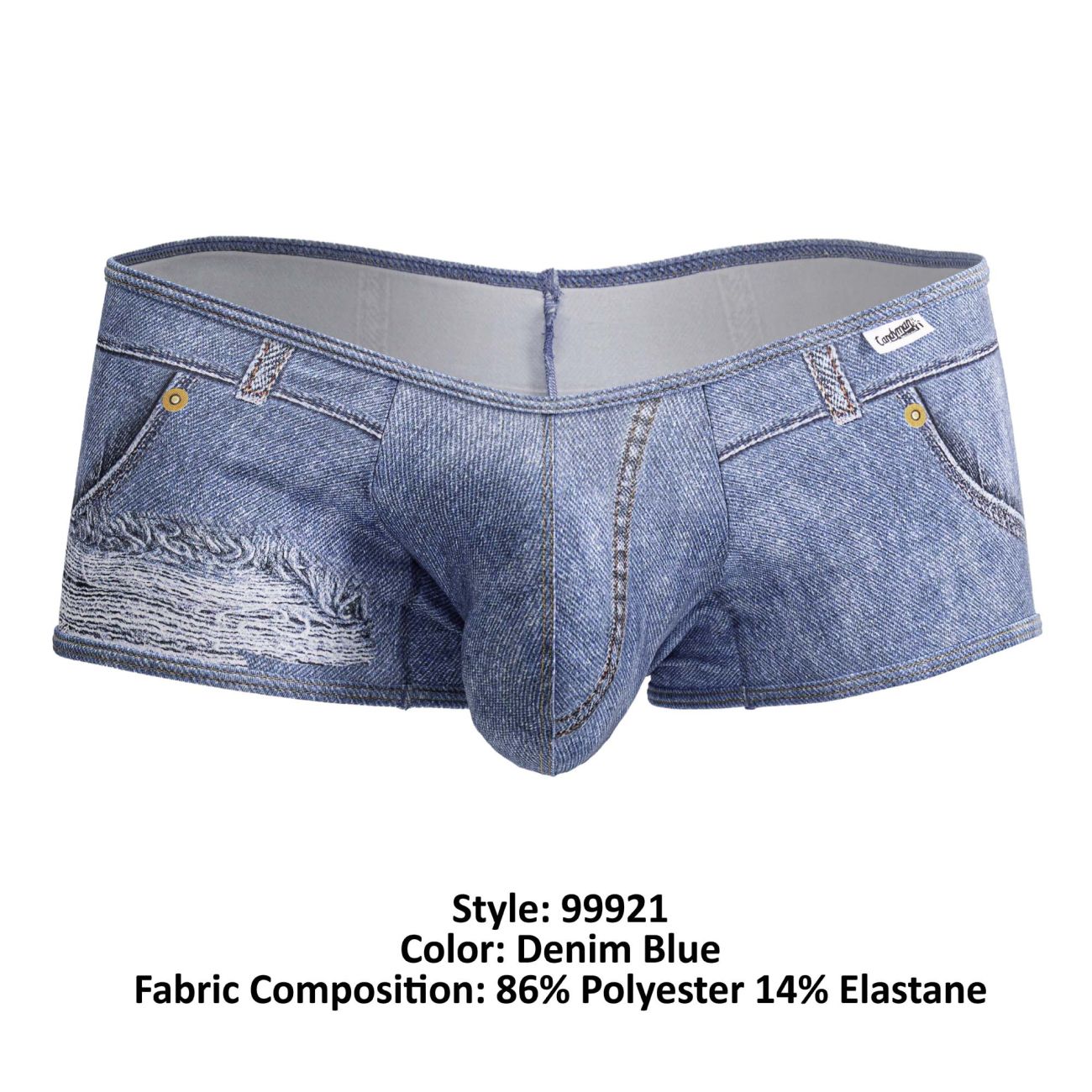 Denim blue denim men’s underwear trunks by CandyMan with distressed patch and gold-tone button details