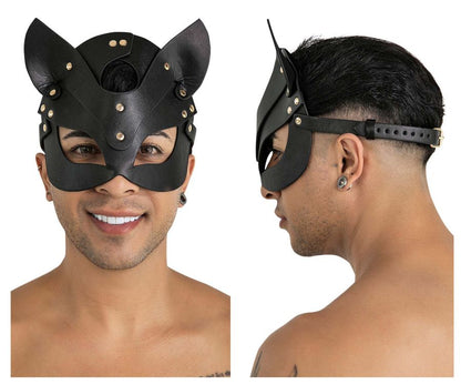 Black leather cat mask with gold toned studs and adjustable strap from candyman 99965 eye mask color black product