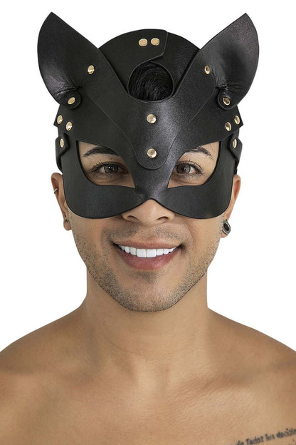 Black leather cat eye mask with gold-tone studs and pointed ears candy man 99965 eye mask in black
