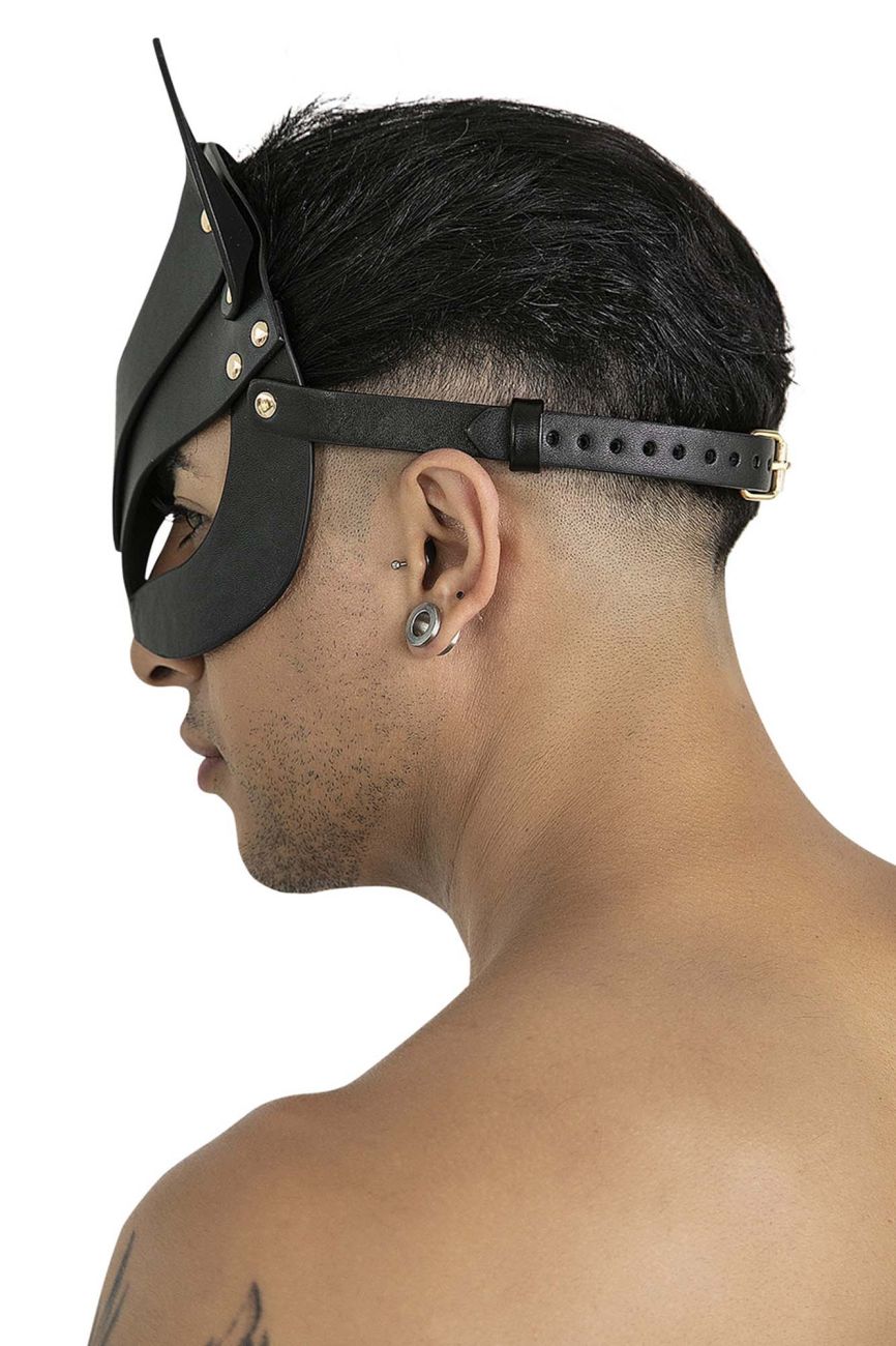 Black leather cat-eared eye mask with metallic rivets and adjustable strap from CandyMan 99965 in black color