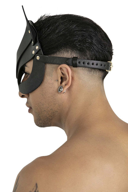 Black leather cat-eared eye mask with metallic rivets and adjustable strap from CandyMan 99965 in black color