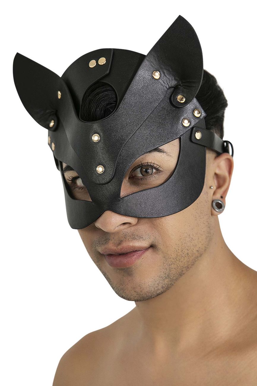 Black leather cat mask candy man 99965 with gold tone studs and adjustable straps in black color