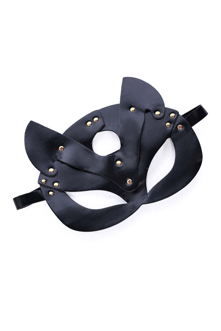 Black leather CandyMan 99965 eye mask with gold-tone studs and adjustable straps for comfortable fit