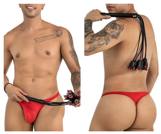 Red leather thong with black whip attachment candy man 99967 rose whip color black showing front view