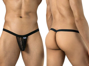 CandyMan black sheer mesh thong with a thin elastic waistband worn by a model.