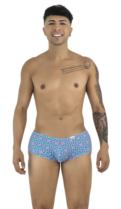 CandyMan 99922 trunks color printed blue swim trunks with blue and pink geometric pattern for casual beachwear
