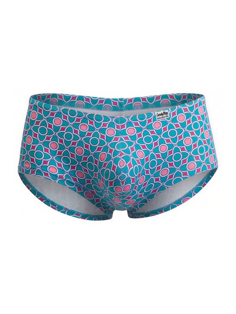 CandyMan 99922 trunks color printed blue womens briefs with teal and pink geometric pattern and white trim