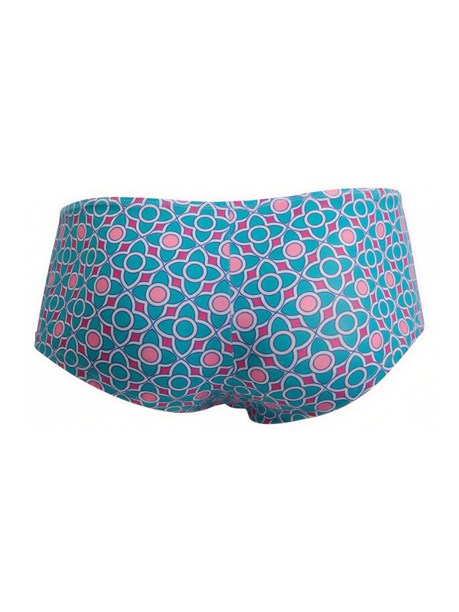 Teal and pink geometric patterned candyMan 99922 swim trunks with white outlines in blue color printed fabric