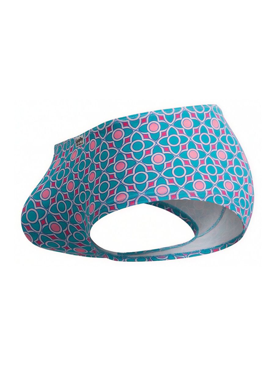 Teal and pink geometric-patterned men’s briefs with white outline design candy man 99922 trunks color printed blue