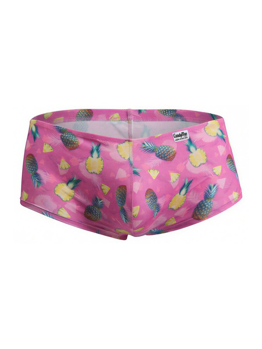 Pink candyman 99922 swim trunks with vibrant pineapple pattern in yellow green and brown on printed pink fabric