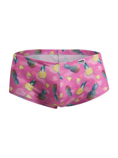 Pink candyman 99922 swim trunks with vibrant pineapple pattern in yellow green and brown on printed pink fabric