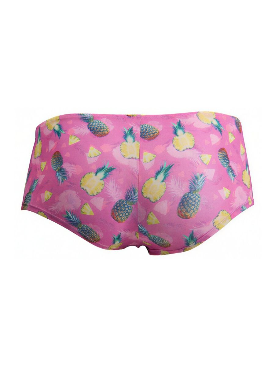 CandyMan 99922 pink swim trunks featuring a vibrant yellow pineapple pattern with green tops on bright pink fabric
