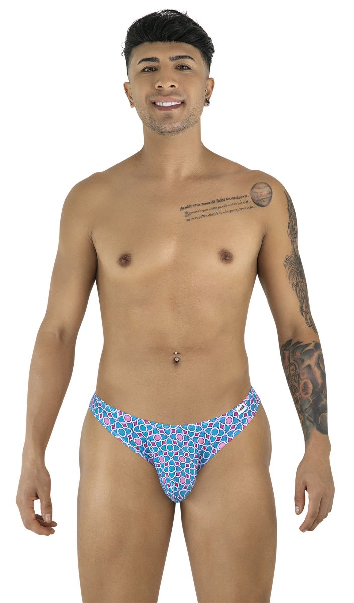 CandyMan 99923 briefs in blue with pink geometric print swim trunks designed for comfortable swimming