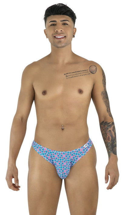 CandyMan 99923 briefs in blue with pink geometric print swim trunks designed for comfortable swimming