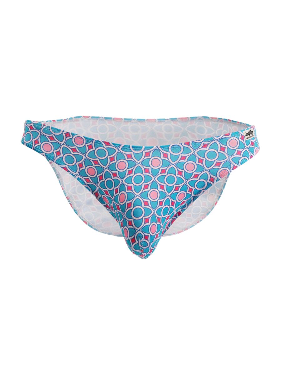 CandyMan 99923 briefs with blue and pink geometric print swim trunks featuring a white inner lining