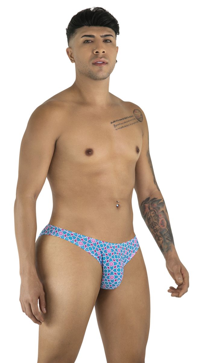 CandyMan 99923 briefs in blue with pink geometric pattern featuring comfortable printed fabric design