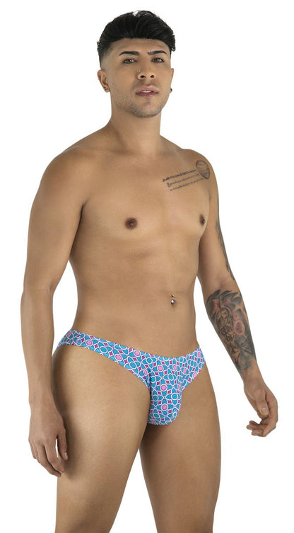 CandyMan 99923 briefs in blue with pink geometric pattern featuring comfortable printed fabric design