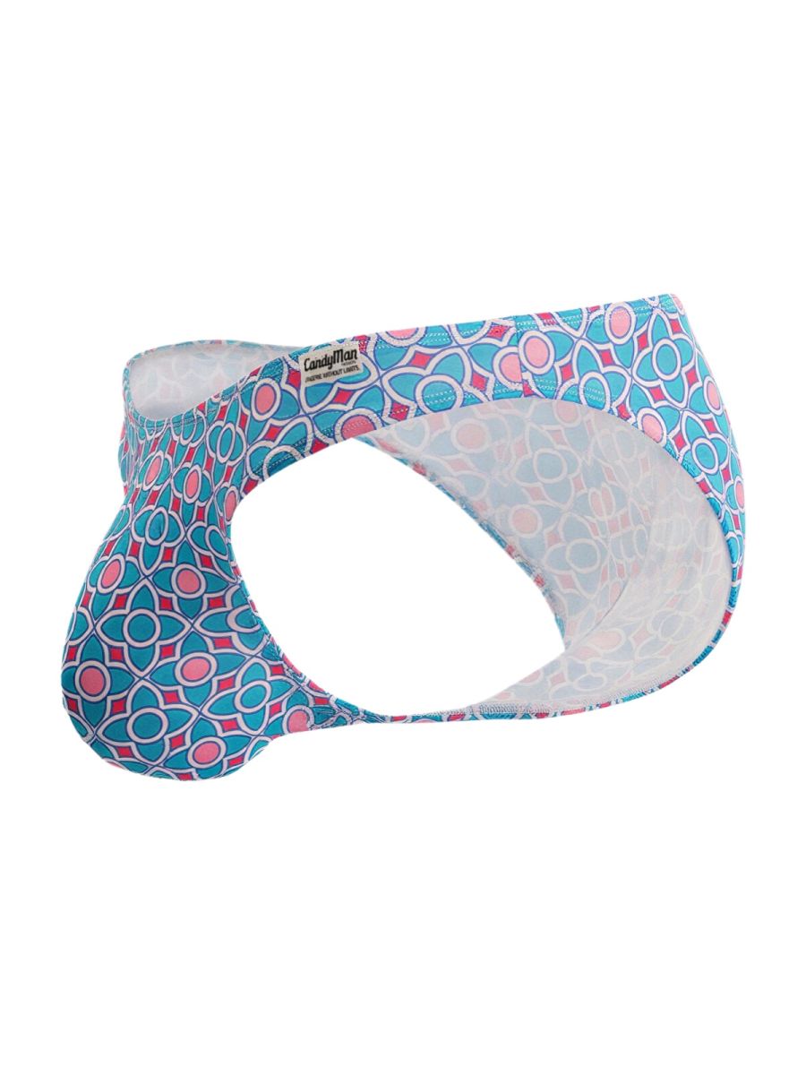 Candyman 99923 men’s briefs in vibrant blue pink and white geometric print designed for comfortable everyday wear