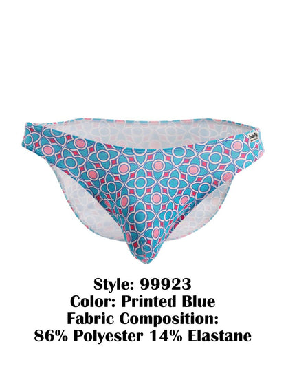 Printed blue patterned CandyMan 99923 briefs with pink and white geometric design made from 86% polyester 14% elastane