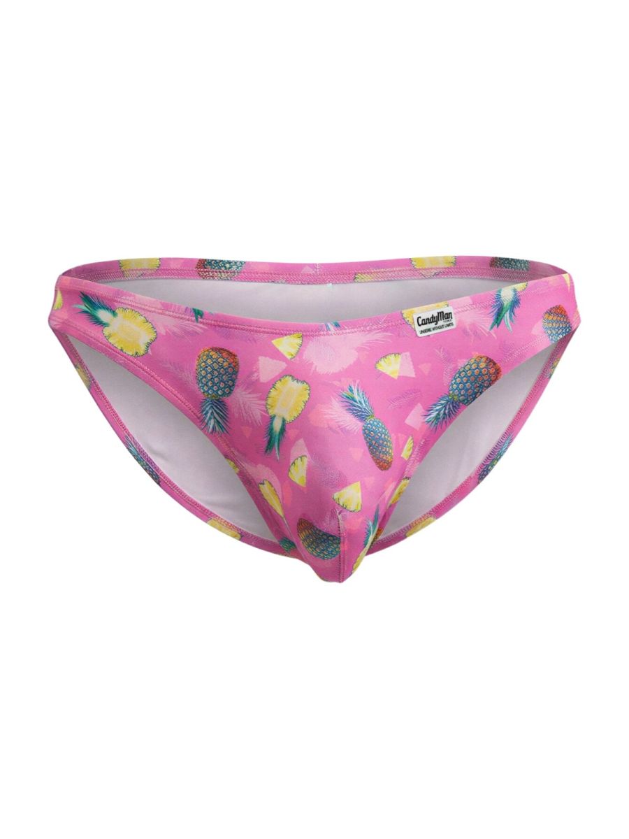 Pink pineapple patterned men’s briefs with white interior and small candyman brand tag candy man 99923 bikini color printed pink