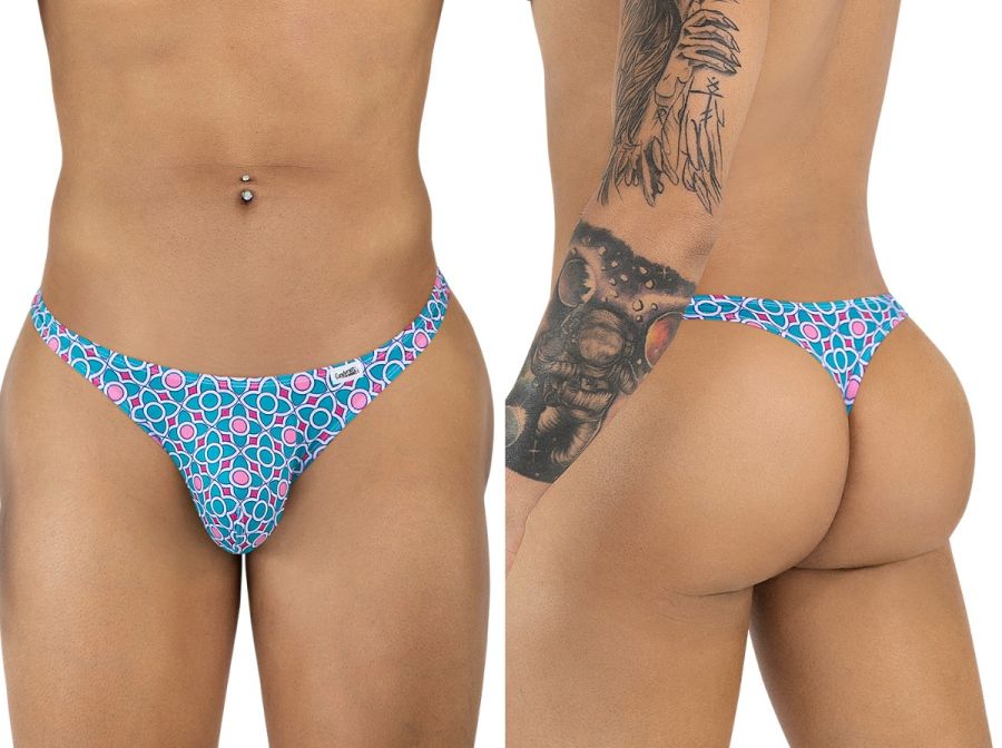 CandyMan 99924 thong with blue and pink geometric print and a small white brand tag in front side view