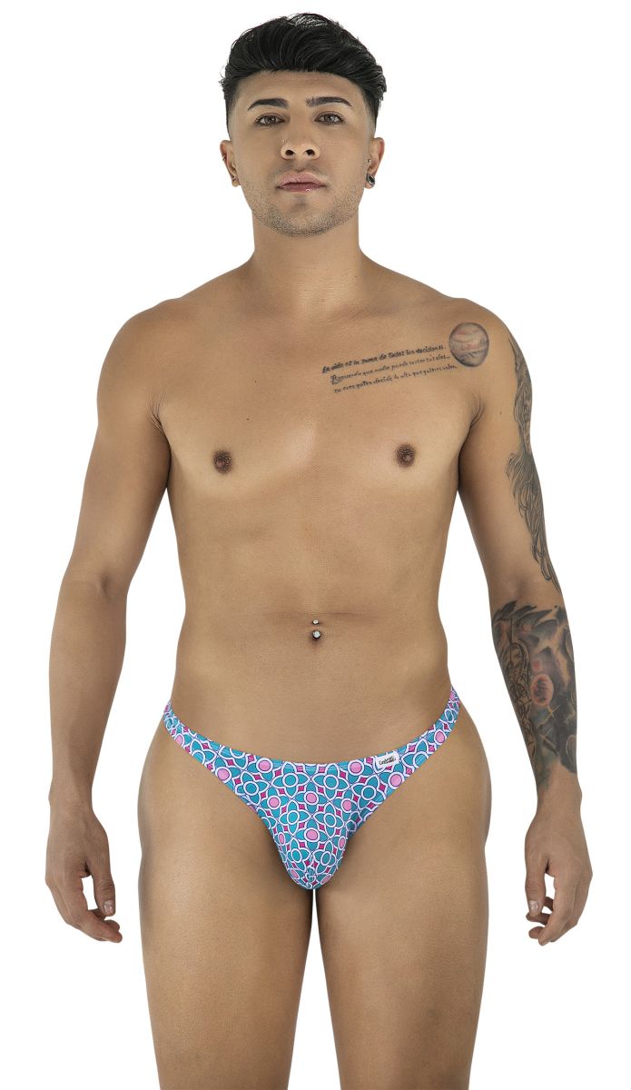 Bluem and pink geometric-patterned thong with a small white candyman brand tag on the side