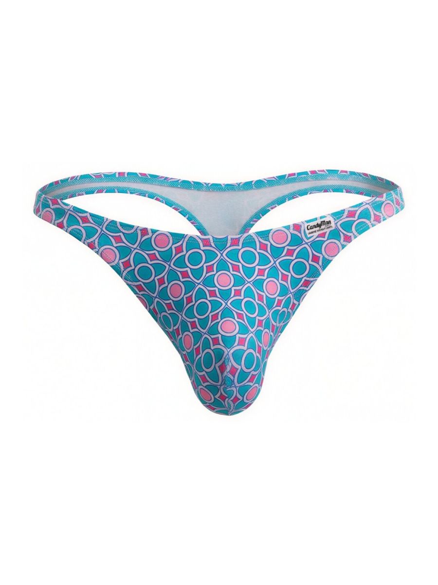 CandyMan 99924 thong with turquoise and pink geometric pattern and white inner lining in blue color
