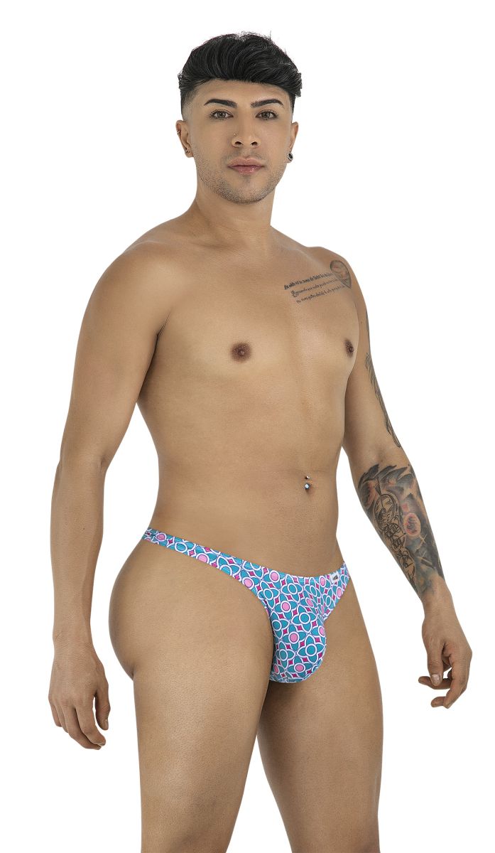 CandyMan 99924 thong with blue and pink geometric pattern and snug form-fitting design shown from the back side