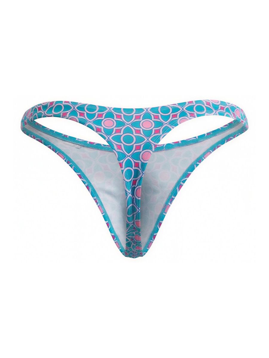 CandyMan 99924 thong with turquoise and pink geometric print and white interior lining in blue color