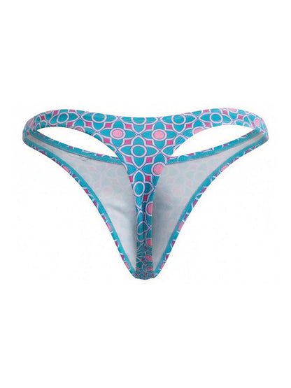 CandyMan 99924 thong with turquoise and pink geometric print and white interior lining in blue color