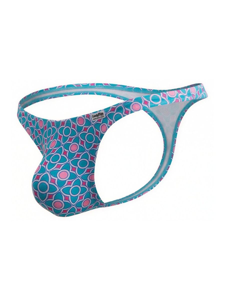 Candyman 99924 thong in turquoise and pink geometric print with white inner lining for men