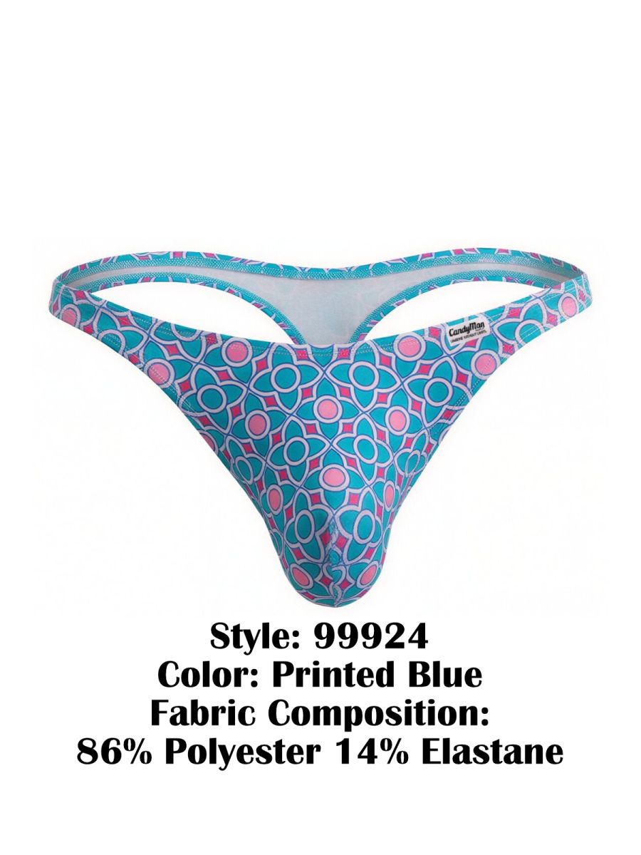 Candyman 99924 thong in blue with printed pink and white circle geometric pattern on turquoise fabric