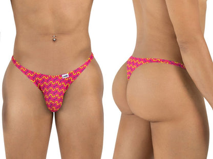 Vibrant fuchsia CandyMan 99924 thong with pink and orange wavy print and small white brand tag visible